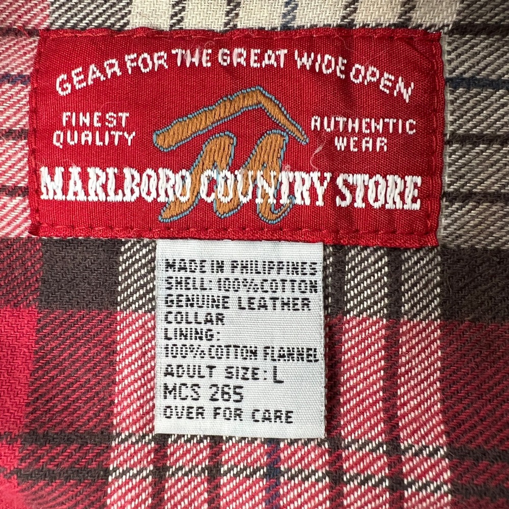 Marlboro Jacket L Vintage 90s Denim Trucker Leather Collar Flannel Lined Blue - Picture 7 of 13